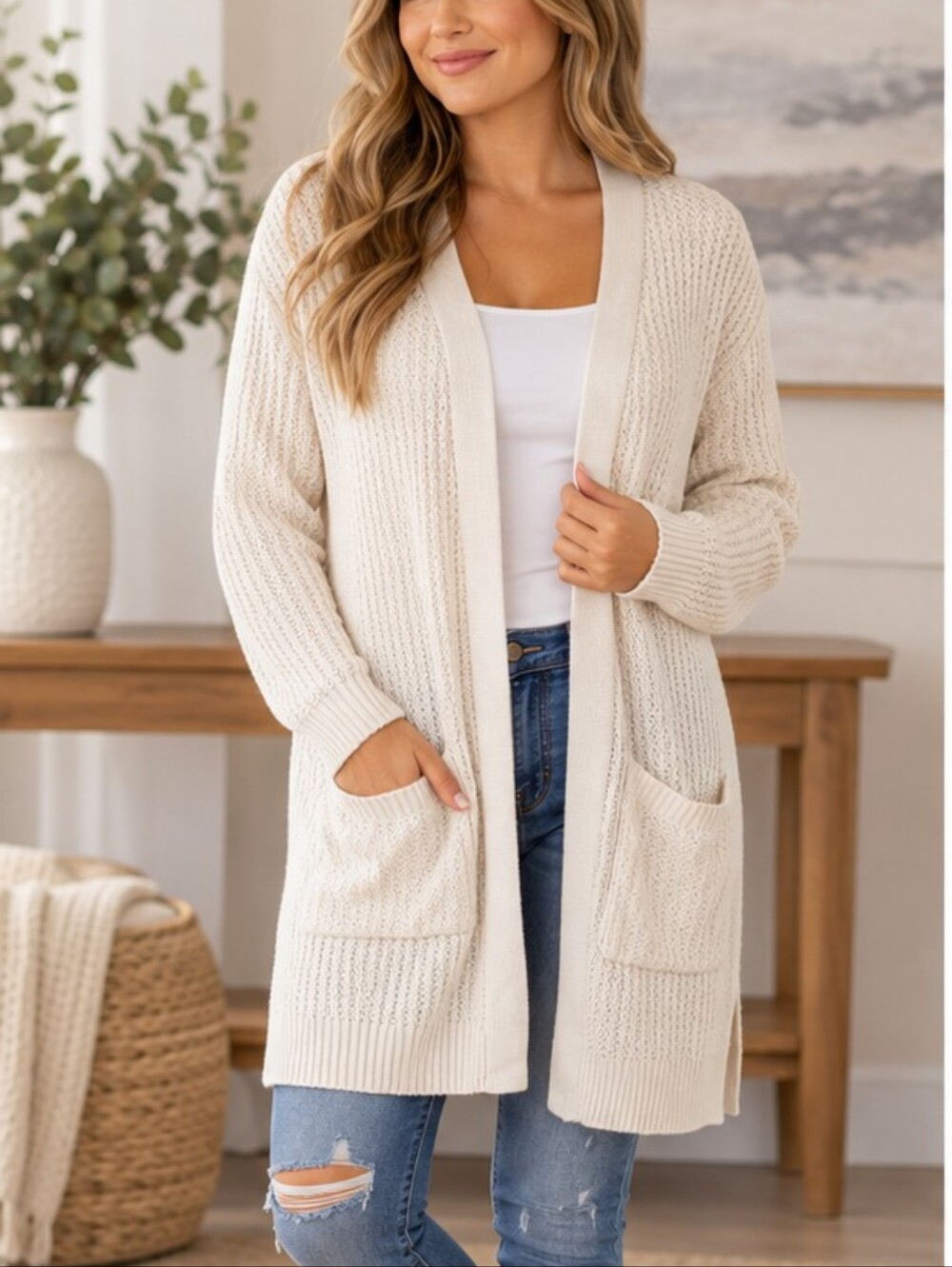 Market & Spruce Cream Open-Front Pocket Knit Cardigan Size XXL